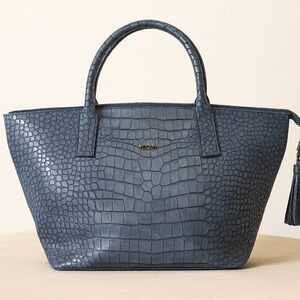 Laurel Blue Croc Embossed Leather Shoulder Bag Tassel Accent